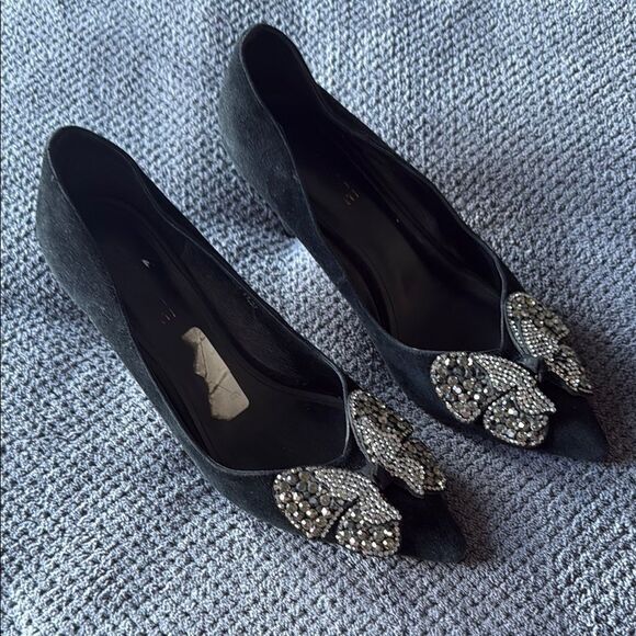 Alomore Black‎ Suede Rhinestone Bow Flats 7.5 Pointed Toe Leather Sole heels - Picture 2 of 11